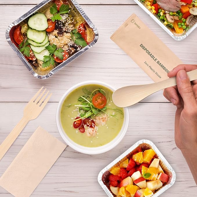 Individually Wrapped Bamboo Cutlery/Utensils With Napkins 66Pack ((6.7" 66 Forks 66 Spoons 66 Napkins) Travel Set Compostable Biodegradable Forks Soup Spoons for Party/Wedding