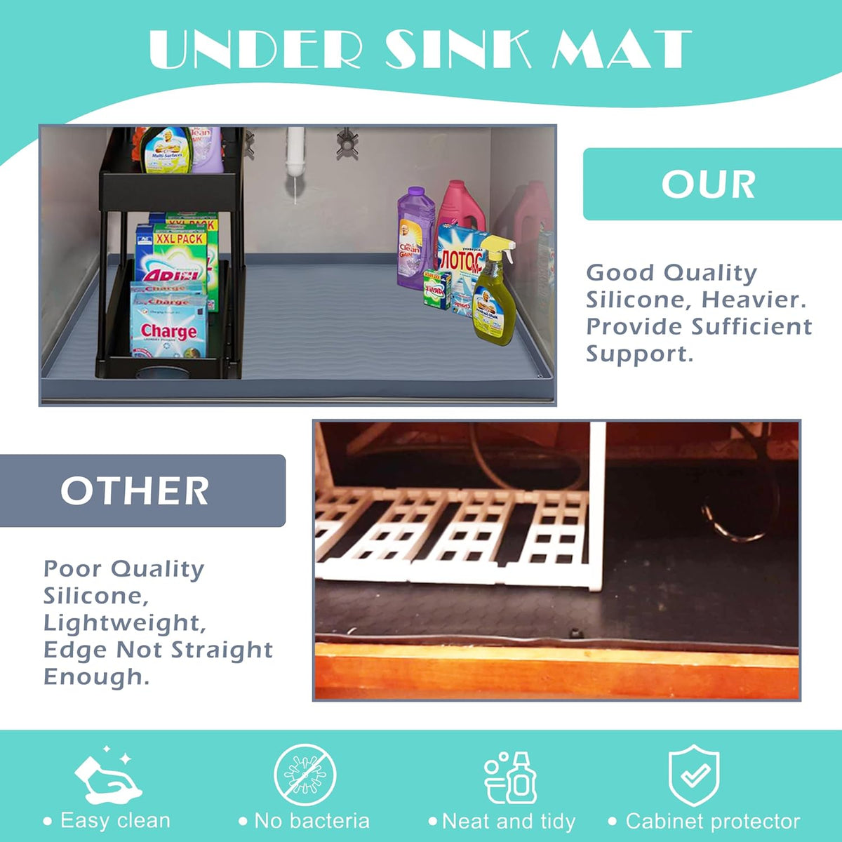 URMONA Waterproof Silicone Under Sink Mat 40'' x 22'' Shelf Liner for Kitchen and Bathroom, Cabinet and Counter Protector, Storage and Organizers, Litter Mat, Pet Cat Puppy Essentials(Light Grey)