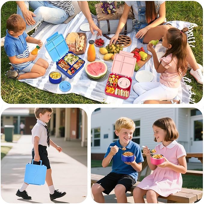 MAXSO Bento Lunch Box Set with 8 oz Soup Thermo, Kids Leakproof 4 Compartments Hot Food Container with Sauce Cup, Ice Pack and Lunch Bag, Child Insulated Food Jar for School - Blue