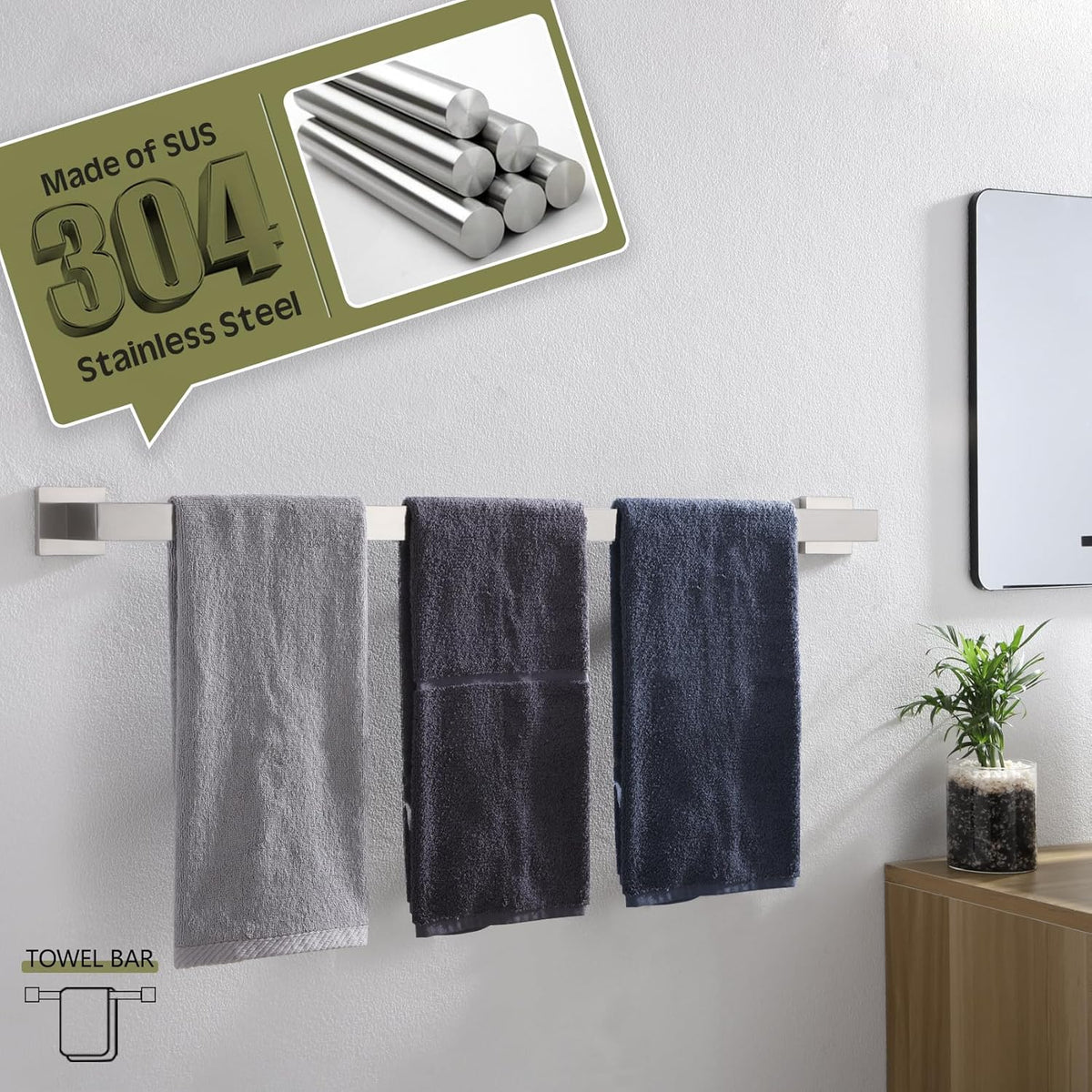 KOKOSIRI 32-Inch Single Towel Bar, Bathroom Kitchen Towel Holder, Wall Mounted T-304 Stainless Steel Towel Rack 2 Pack, Brushed Nickel, B4003BR-L32-P2