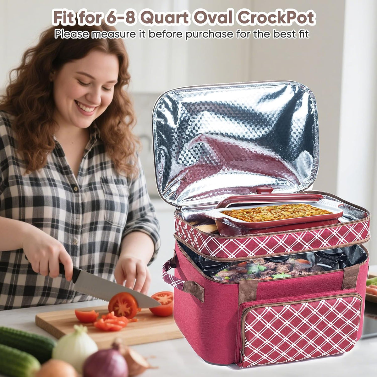 Double Layer Slow Cooker Carrier Bag – Fits 6–8 Qt Oval Slow Cooker Compatible with CrockPot & Hamilton Beach | Insulated Travel Tote with Utensil Storage & Adjustable Straps