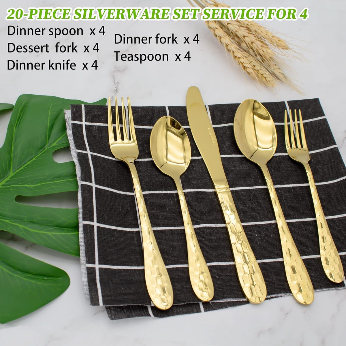 20 Piece Silverware Set for 4, Hammered Silverware Set 18/10 Stainless Steel Tableware Cutlery Flatware Spoons and Forks Set for Home Kitchen Restaurant, Unique Utensils Set Dishwasher Safe (Gold)