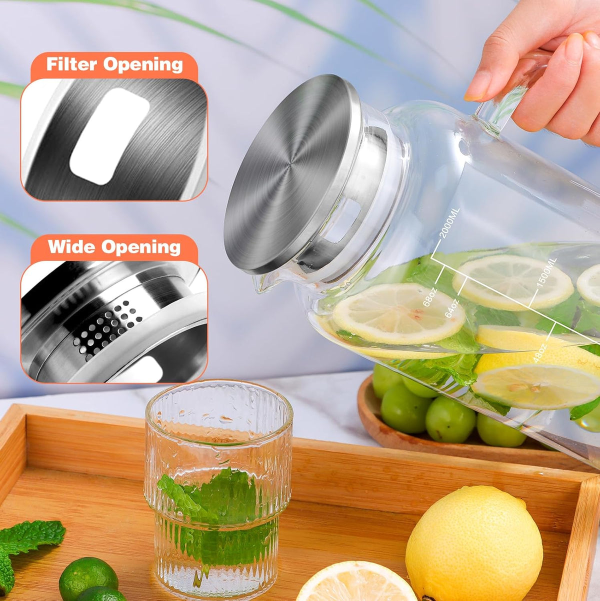 Aofmee 68oz Glass Pitcher with Lid, 2 Liter Water Carafe with Silicone Base and Precise Scale Line, Ice Tea Pitcher for Fridge, Anti-Slip Glass Jug for Sun Tea Juice Coffee Milk Beverage (Gray)