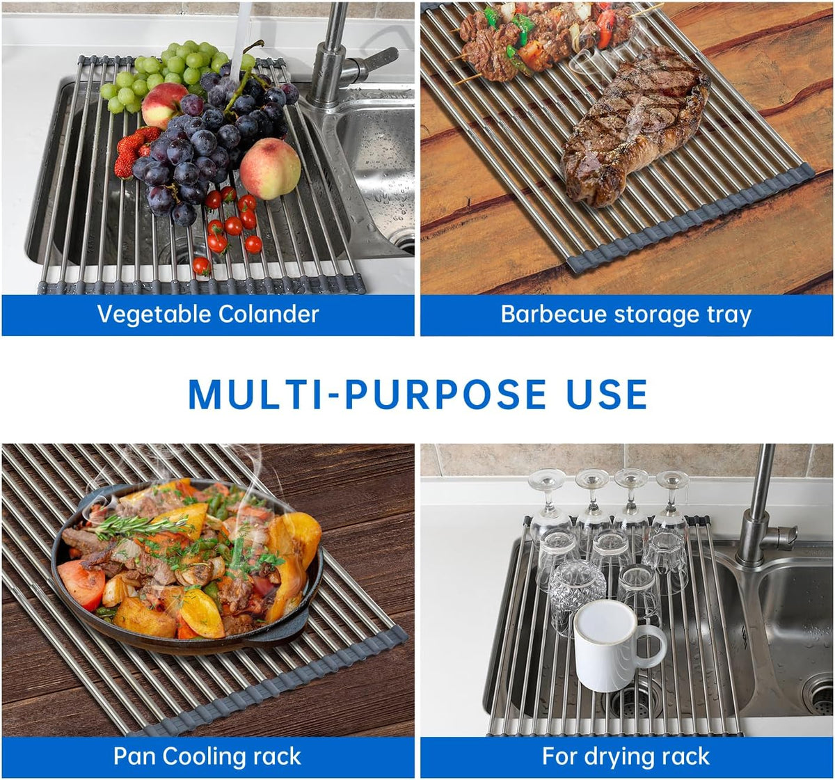 Expandable Large Draining Rack, Roll Up Heat-Resistant Dish Drainer for Stainless Steel Sinks, Collapsible Over The Sink Rack Non-Slip Silicone Rolling Up Rack 18 Tube