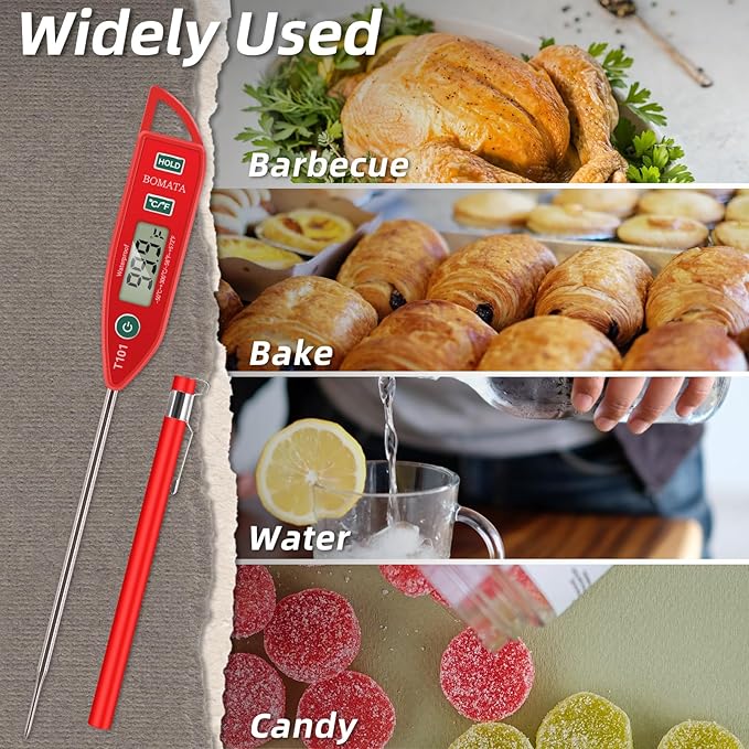 BOMATA Waterproof IPX7 Thermometer for Water, Liquid, Candle and Cooking. Instant Read Food Thermometer with Long Probe for Cooking, Meat, BBQ! T101 (Red Color)………