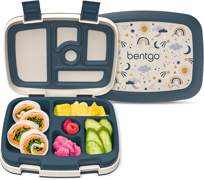 Bentgo Kids Prints Leak-Proof, 5-Compartment Bento-Style Kids Lunch Box - Ideal Portion Sizes for Ages 3-7, Durable, Drop-Proof, Dishwasher Safe, & PFAS & BPA-Free Materials (Friendly Skies)