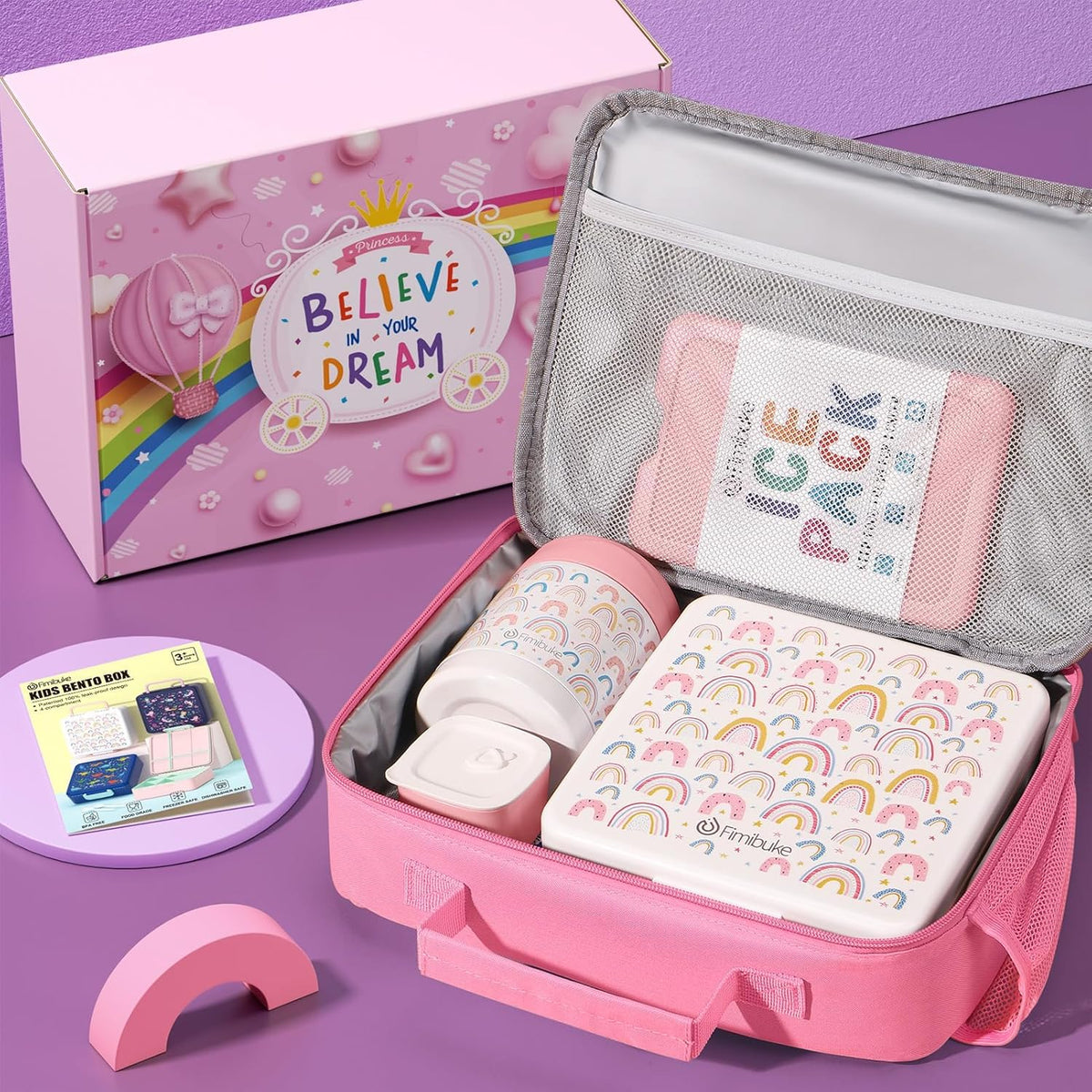 Fimibuke Kids Bento Snack Lunch Box with 4 Compartment, Insulated lunch Bag, Stainless Steel Vacuum Thermos Food Jar, Ice Pack, Utensils Set, Birthday Gift for Age 3-12 Back to School Toddler Girl Boy