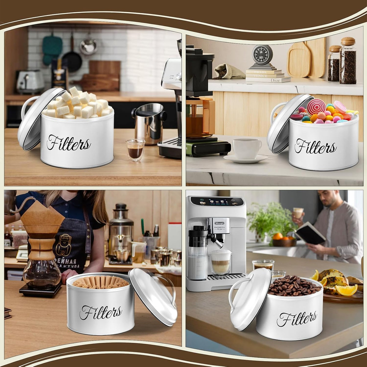 Coffee Filter Holder for Counter, Coffee Filter Storage with Lid, Round Container for Bar Accessories Decor (White)