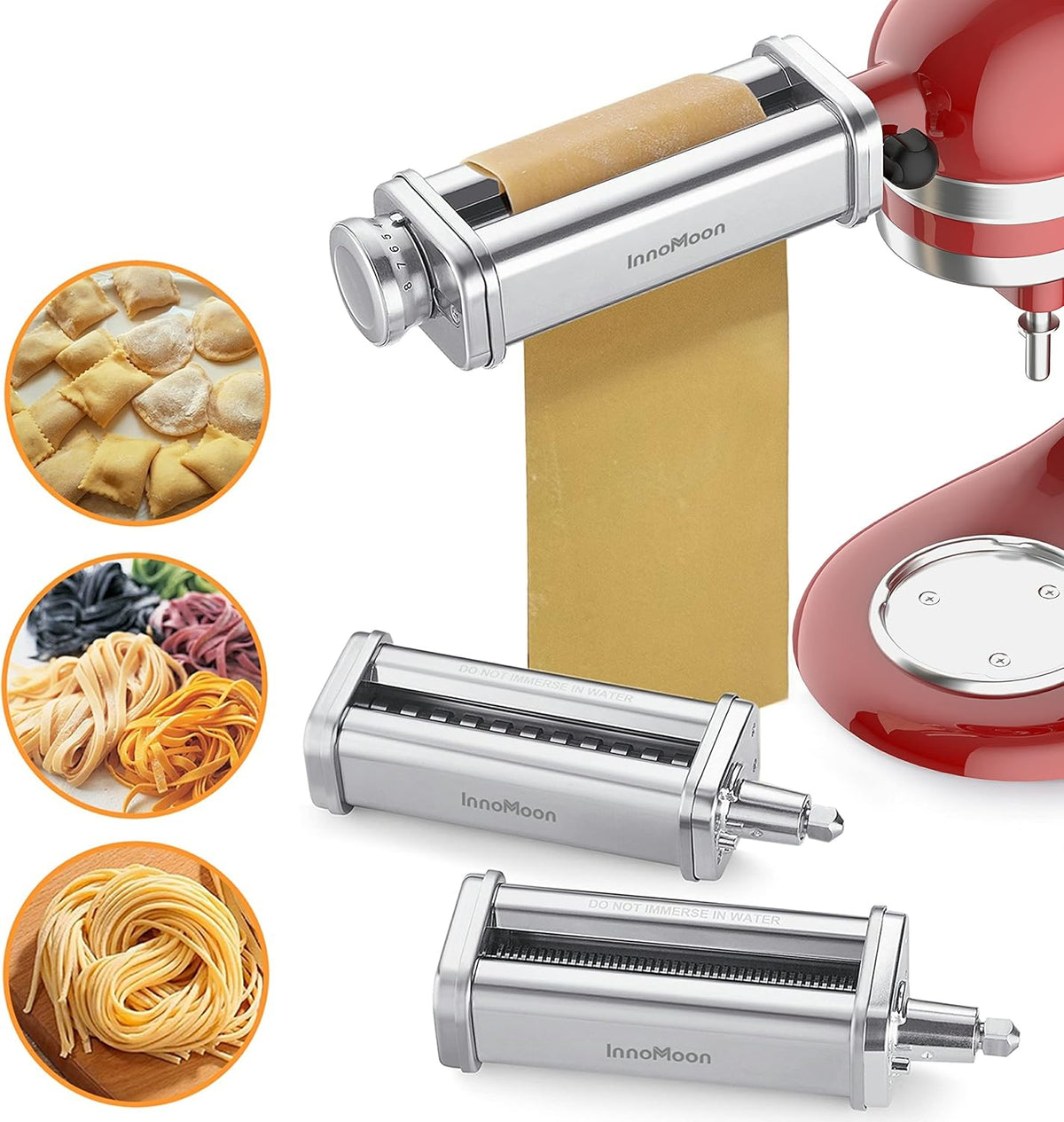 Pasta Maker Attachment for KitchenAid Stand Mixer, Includes Pasta Sheet Rollar, Spaghetti Cutter, Fettuccine Cutter, Stainless Steel Pasta Attachment Sets by InnoMoon