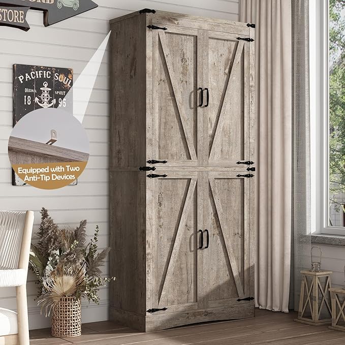 71in Farmhouse Kitchen Pantry Cabinet,Tall Storage Cabinet with 4 Doors and Adjustable shelves,with Load-Bearing Steel Pipe,Wood Storage Cabinets for Kitchen,Dining Room,Bathroom(Light Rustic Oak)