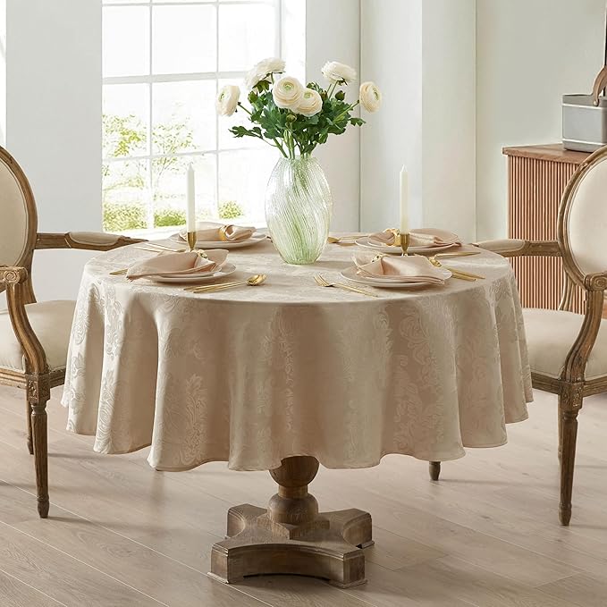Newbridge Barcelona Luxury Damask Fabric Tablecloth, 108” Round, Golden Beige, 100% Polyester, No Iron, Soil Resistant Dining Room, Party and Banquet Table Cover
