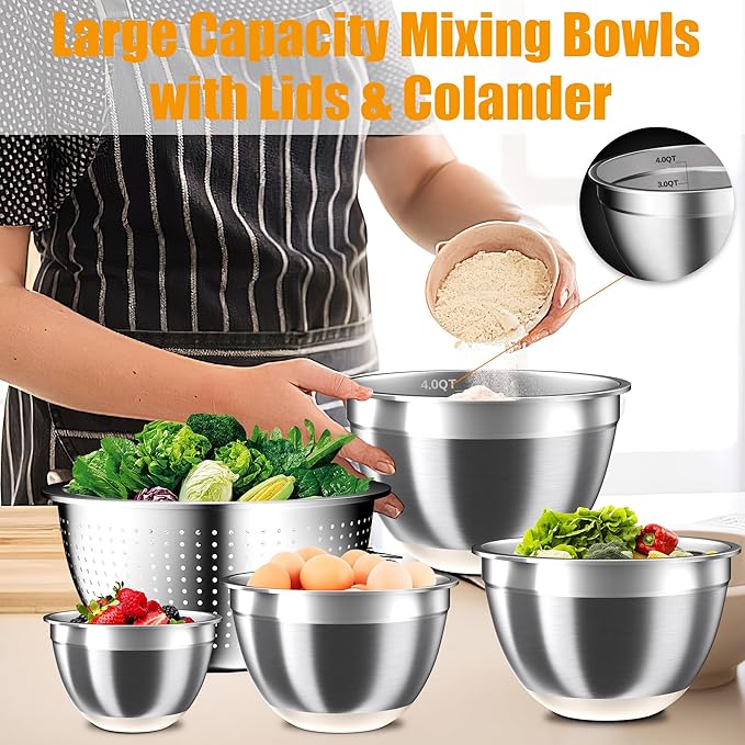 Mixing Bowls with Airtight Lids Set, 4 Stainless Steel Bowls Nesting Bowls & Colander, Kitchen Organizers and Storage Non-Slip Bottom, Size 1.5/2.0/2.5/4.5QT, Great for Mixing & Serving, Khaki
