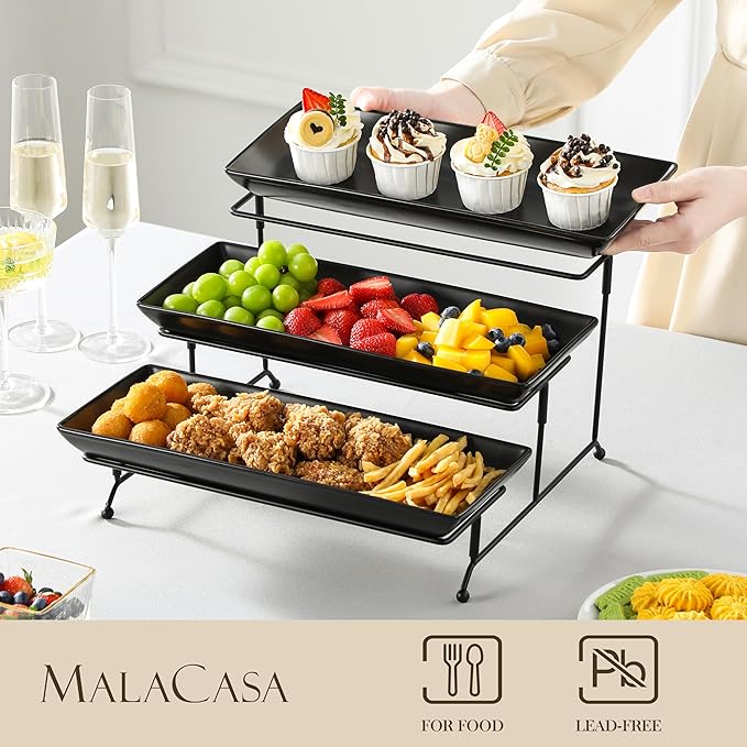 MALACASA 3 Tier Serving Trays for Party, Stoneware Serving Platters and Trays, 14 Inch Tiered Tray Stand, Fruit Tray, Trays for Serving Food, Black Dessert Stand with Collapsible Sturdier Metal Rack