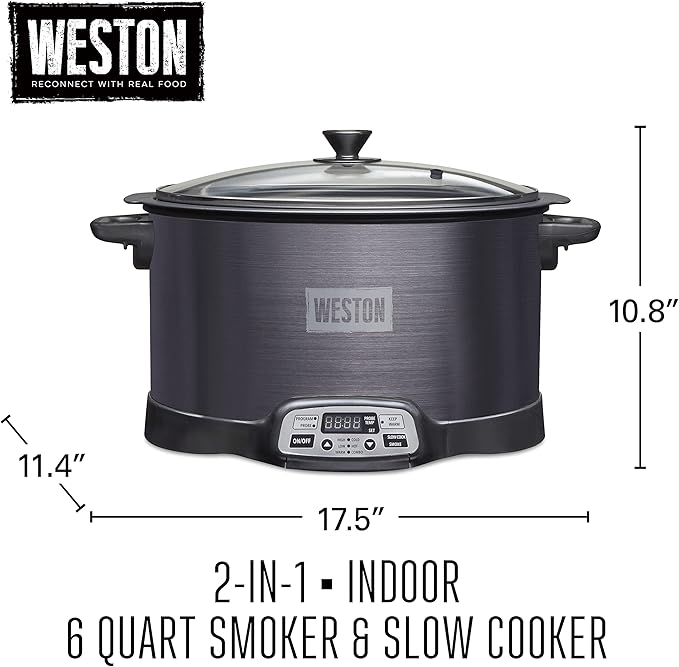 WESTON BRANDS 2-in-1 Indoor Electric Smoker & Programmable Slow Cooker, 6 Quart, With 3-Tier Smoking Rack for Meat, Cheese and More, Dishwasher Safe Crock, Temperature Probe, Black (03-2500-W)