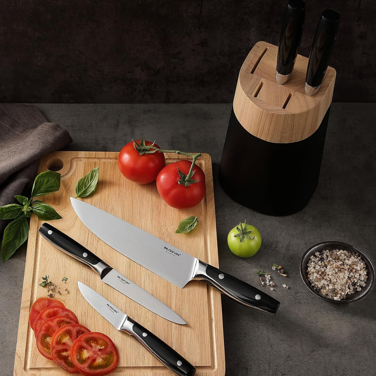 6-Piece Knife Block Sets，Stainless Steel Kitchen Knife Set with Block – High Carbon Black Knives, Dishwasher Safe，Holiday Gift