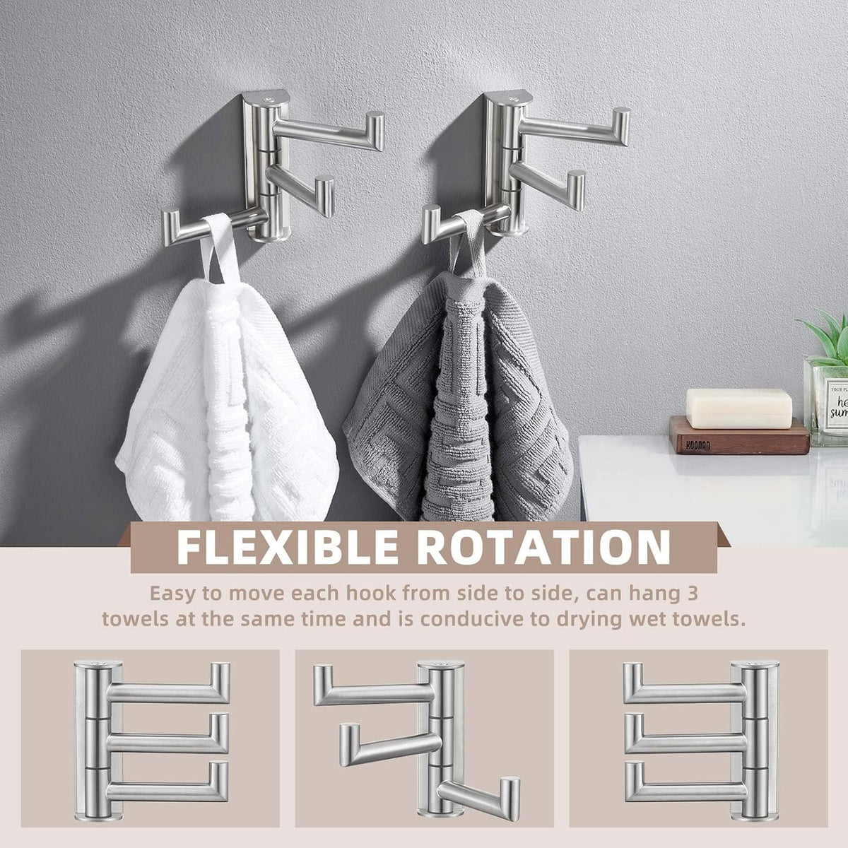 Suyar Towel Hook for Bathroom, SUS 304 Stainless Steel Swivel Robe Holder with 3 Arms, Wall Hook Brushed Nickel, 2 Pack