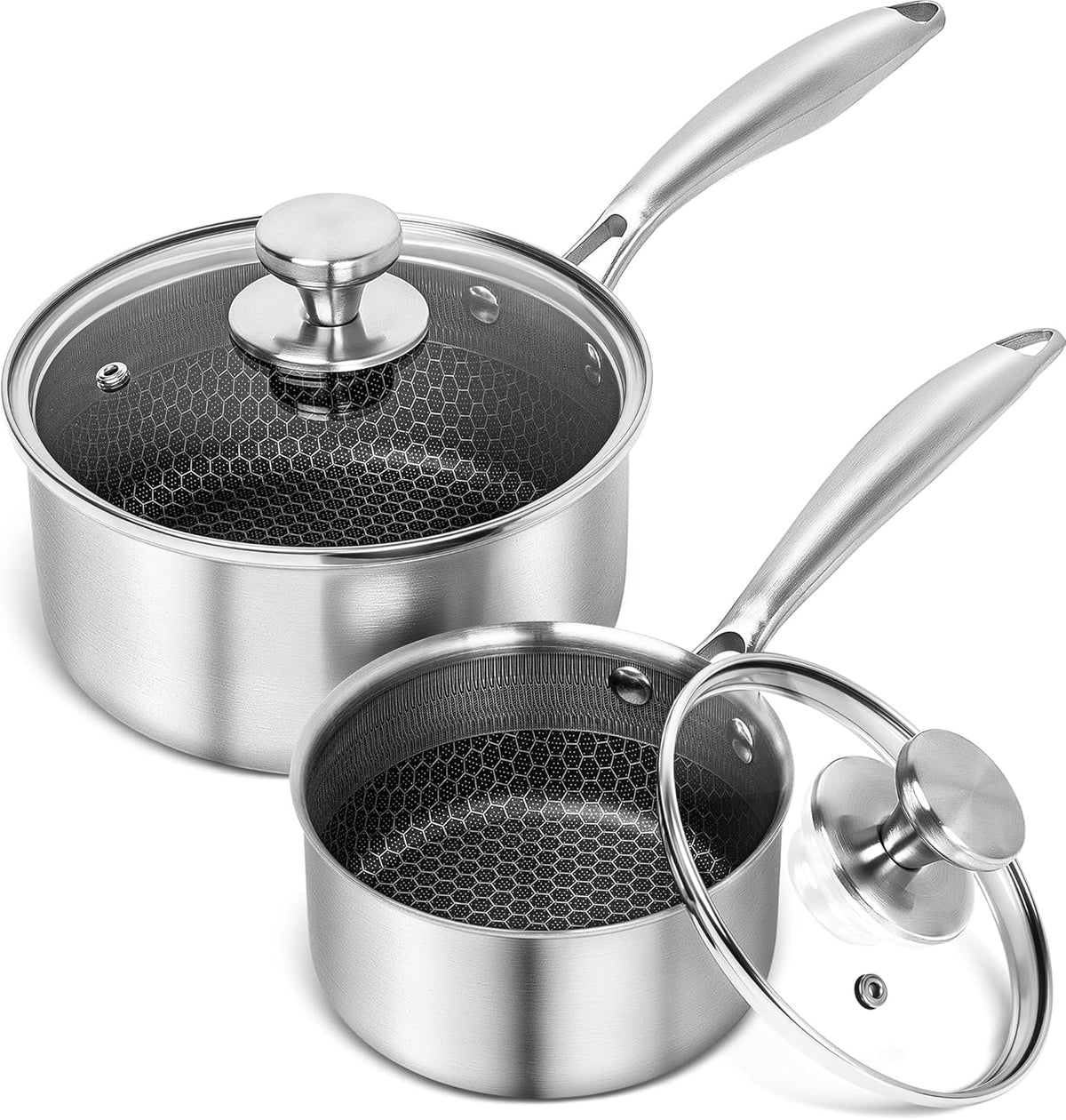 MICHELANGELO Stainless Steel Saucepan Set 1QT & 2QT, Premium Triple Ply Sauce Pan with Lid, Sauce Pot with Honeycomb Interior - 4pcs