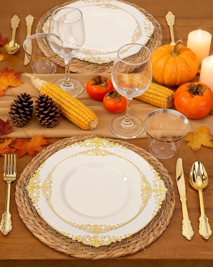 Nervure 350PCS Ivory Plastic Plates - Ivory Gold Plastic Dinnerware Sets for 50 Guests - 100 Gold Disposable Plates, 50 Pre Rolled Silverware Sets, 50 Cups Perfect for Wedding & Thanksgiving