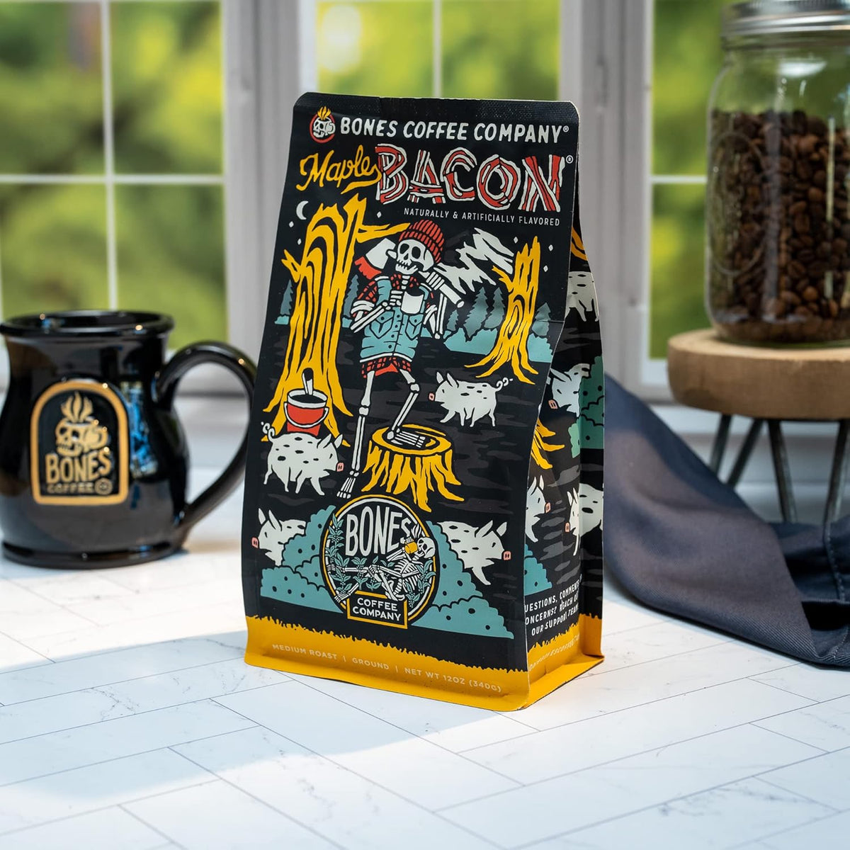 Bones Coffee Company Maple Bacon, Bacon and Maple Syrup Flavored Coffee, Medium Roast Low Acid Arabica Beans Compatible with Auto drip and French Press Coffee Maker, 12 Oz Whole Bean