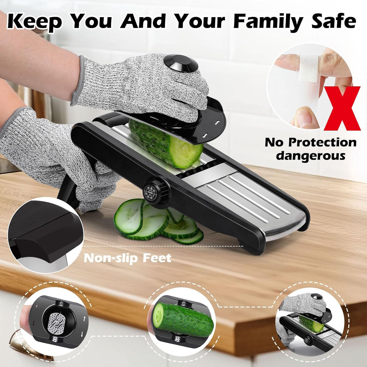MASTERTOP Mandoline Slicer, 5 in 1 Mandoline Food Slicer for Kitchen,Stainless Steel Mini Vegetable Slicer with Safety Glove & Cleaning Brush,Adjustable Vegetable Chopper for Potatoes