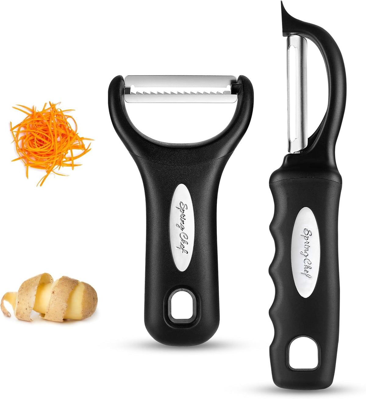 Spring Chef Swivel & Vegetable Julienne Peeler Set for Kitchen with Stainless Steel Sharp Blades - Potato Peelers with Soft Grip Handles & Blade Covers - Perfect for Carrot, Zucchini, Cucumber - Black