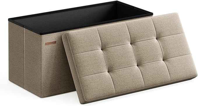 SONGMICS Mazie Collection - 30 Inches Folding Storage Ottoman Bench, Ottoman Foot Rest, End of Bed Bench, Storage Chest, Load 660 lb, for Living Room, Bedroom, Entryway, Camel Brown ULSF047R01