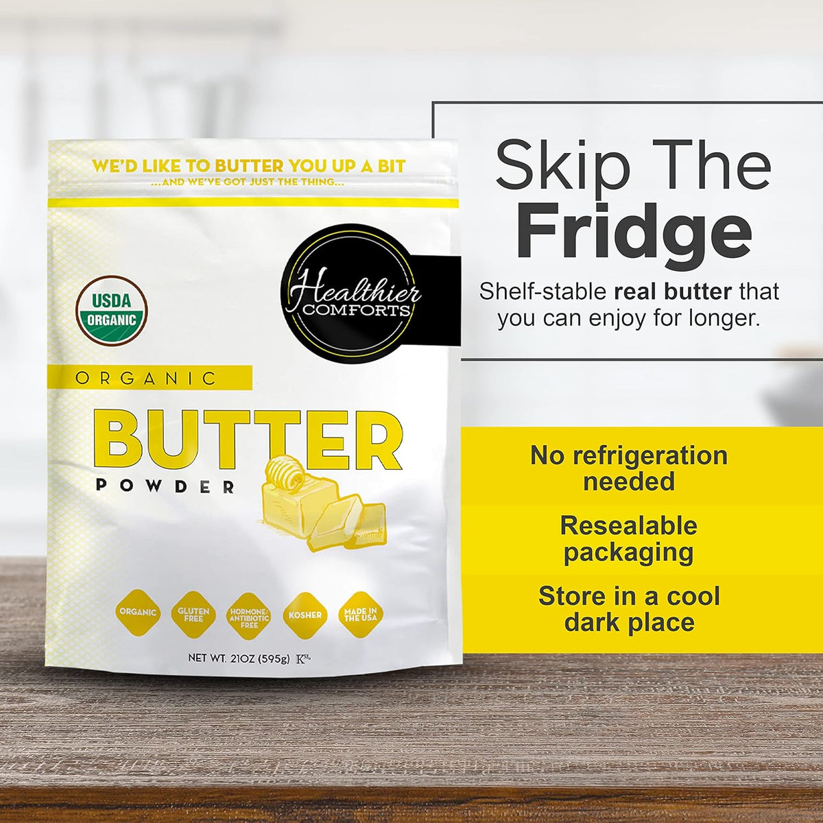 Healthier Comforts Organic Butter Powder | USDA Certified Organic Dehydrated Unsalted Butter | Kosher, Gluten Free, Non-GMO | Popcorn, Baking, Seasoning 21oz