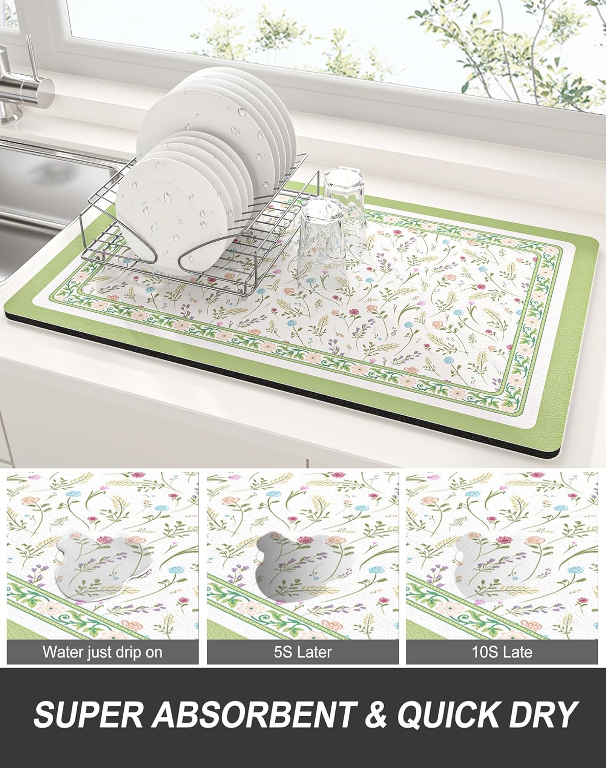 Rnivvi Dish Drying Mat for Kitchen Counter, XL 15 x 24" Cute Flower Theme Absorbent Draining Pad, Non-Slip Heat Resistant Coffee Bar Mat for Coffee Machine Station Accessories, Green Dish Rack Pad