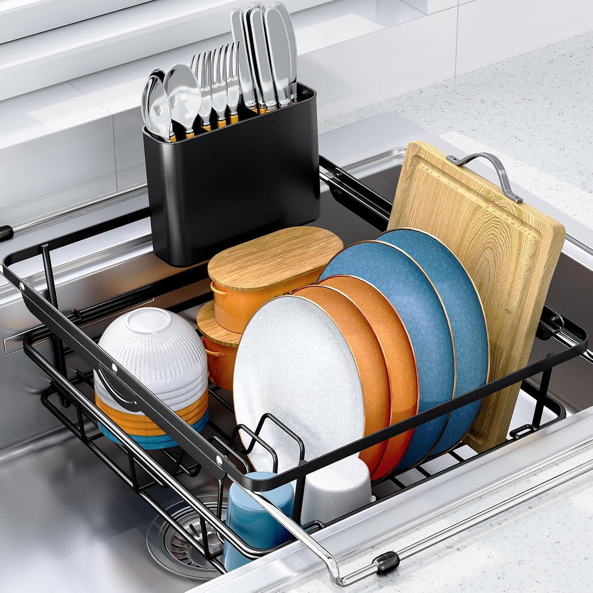 Over the Sink Dish Drying Rack,In Sink Dish Drying Racks,Expandable Dish Rack Over Sink Counter,Adjustable Dish Drainer for Inside Sink with Utensil Holder, Stainless Steel Dish Strainer XLarge Size