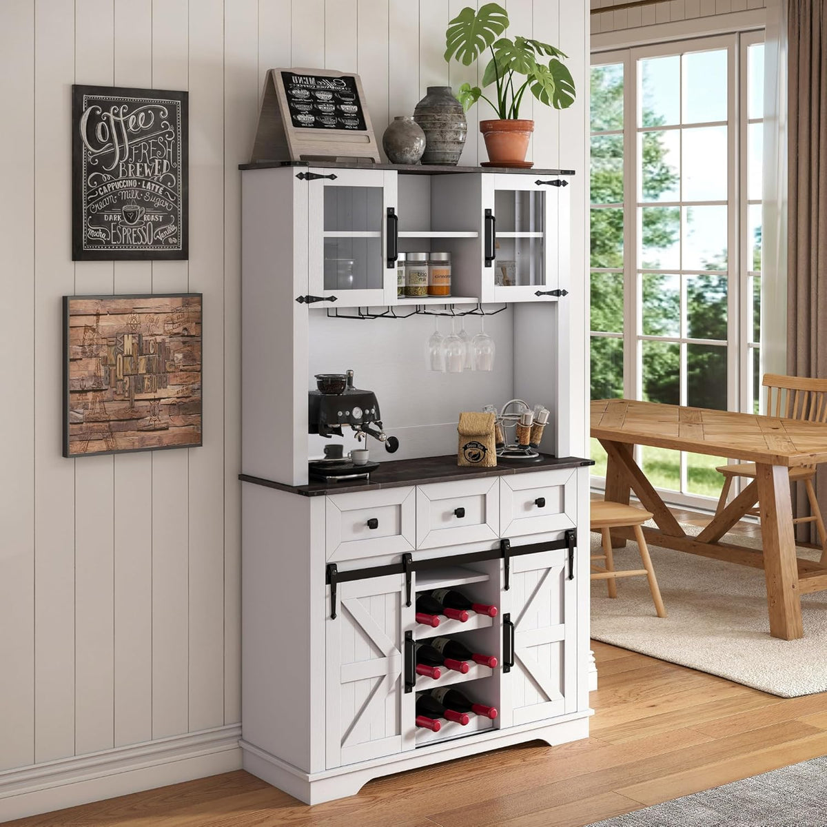 Coffee Bar Cabinet with Sliding Barn Doors 71'' Farmhouse Pantry Cabinet with Drawers & Wine Glass Rack Rustic Buffet Cabinet for Kitchen, White and Black