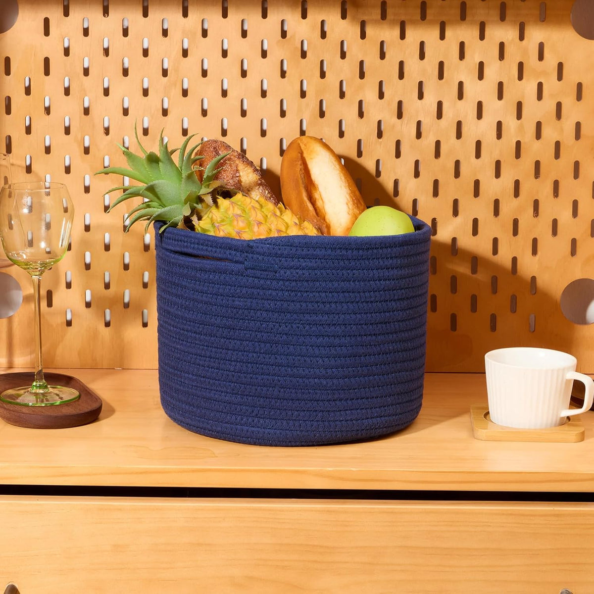Small Basket for Organizing | Cube Shelf Closet Storage Baskets | 9.7×9.7×7.1” | Woven Rope Gift Basket | Nursery | Round 3 Packs Navy Blue