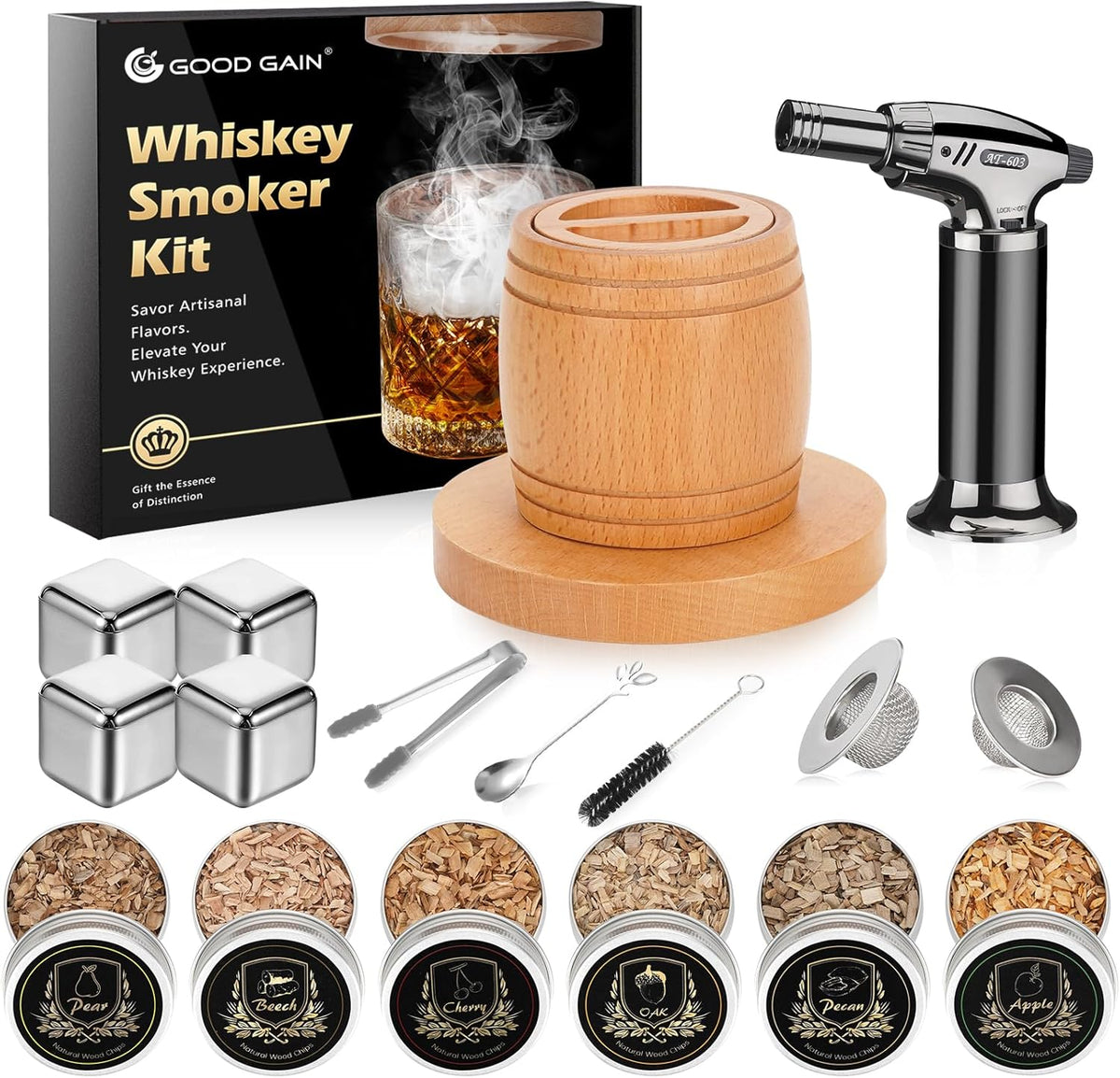 G GOOD GAIN Whiskey Smoker Kit with Torch - Old Fashioned Cocktail Smoker Kit with 6 Flavors Wood Chips | Drink Bourbon Infuser Set with 4 Stainless Steel Ice Stone for Men, Dad (No Fuel Included)