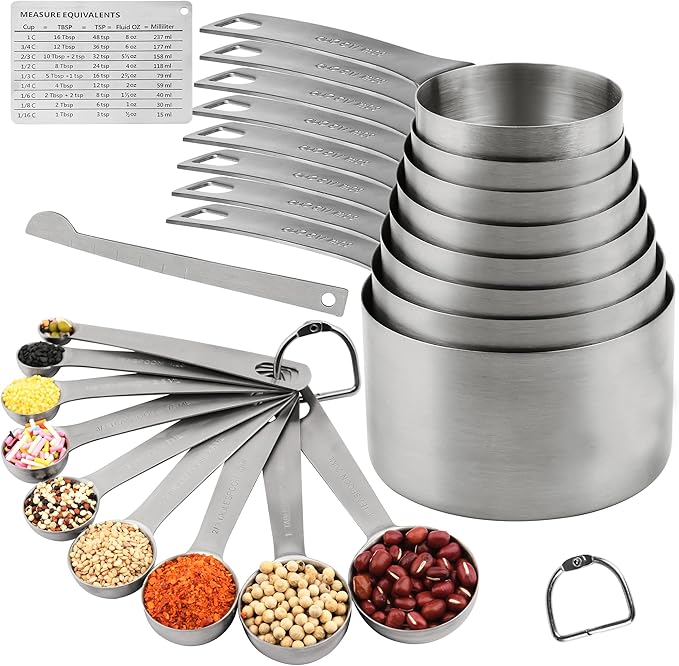 Measuring Cups and Spoons Set, 8 Stainless Steel Measuring Cups and 9 Measuring Spoons and 1 Measurer Ingredient Leveler and 1Magnetic Conversion Chart and 2 Rings