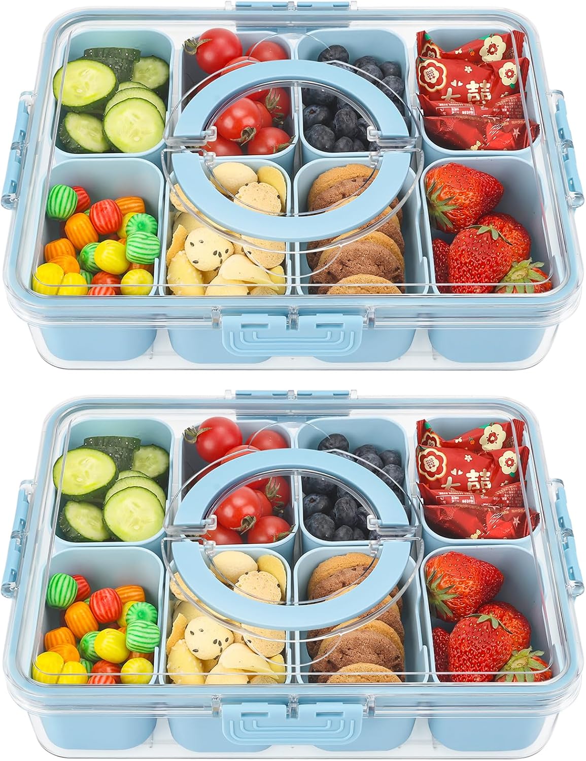 shopwithgreen 2Pcs Snackle Box Container, Divided Serving Tray with Lid and Handle, Snack Box Container Food Platter Charcuterie for Party, Veggies, Snack, Fruit, Nuts, Entertaining, Picnic,Blue