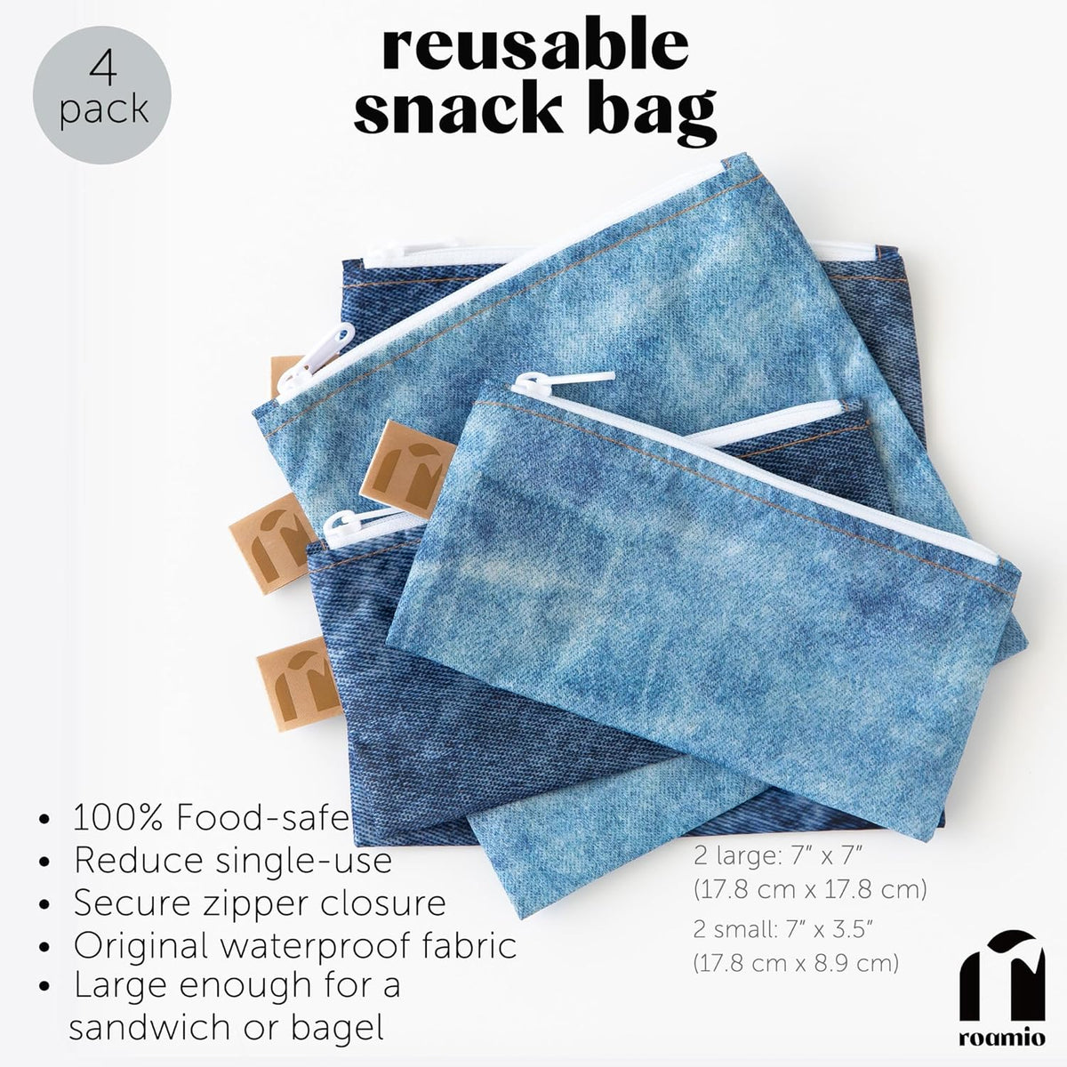 Roamio Reusable Sandwich and Snack Bags, for Kids School Lunch and for Adults Portion, Washable Fabric, Waterproof Cloth Zip Bag, Pack Travel Pouch, Food-Safe Storage, 4-pack Set Faux Denim On Denim