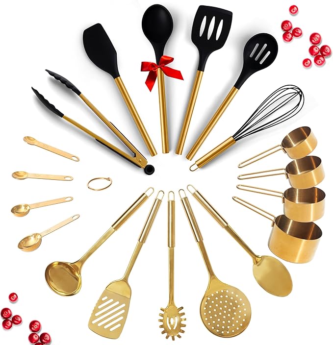 Black and Gold Kitchen Utensils Set - 19-PC Set Includes Stainless Steel and Silicone Cooking Utensils, Measuring Cups and Spoons - Black and Gold Kitchen Accessories for Stylish Cooking & Serving