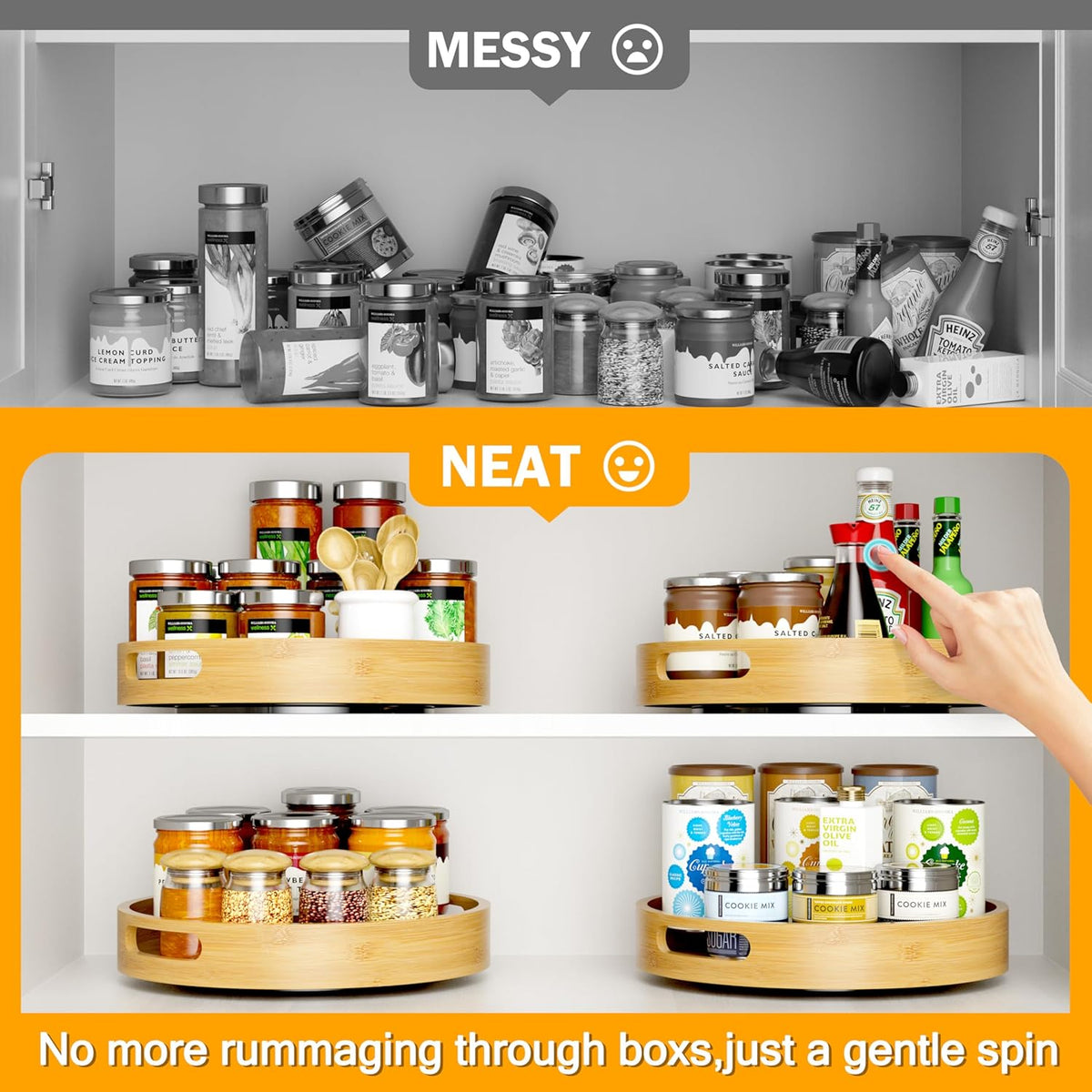 Lazy Susan Organizer Homerays 13 Inch Non-Skid Bamboo Lazy Susan for Kitchen Rotating Spice Rack with Handles, Wood Turntable for Kitchen Cabinet,Countertop (Bamboo, Large)