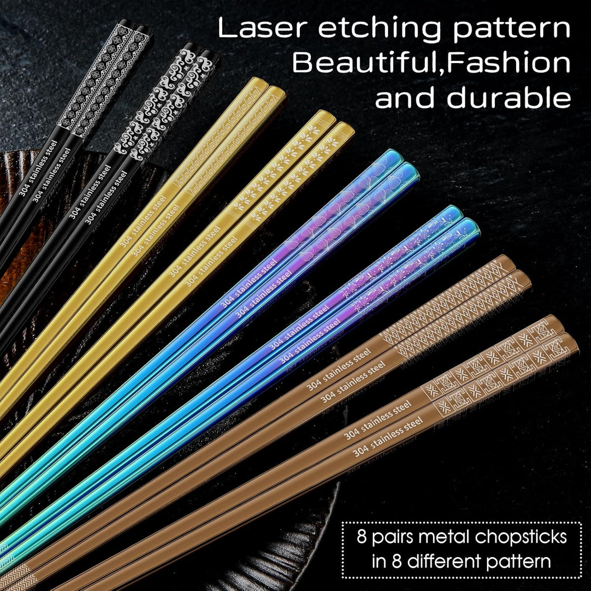 8 Pairs Metal Chopsticks Reusable Multicolor Stainless Steel Chopsticks Set Laser Engraved Non-slip Japanese Korean Chinese Chopstick for Cooking Eating Dishwasher Safe 9.25" Chop Sticks Gift Set