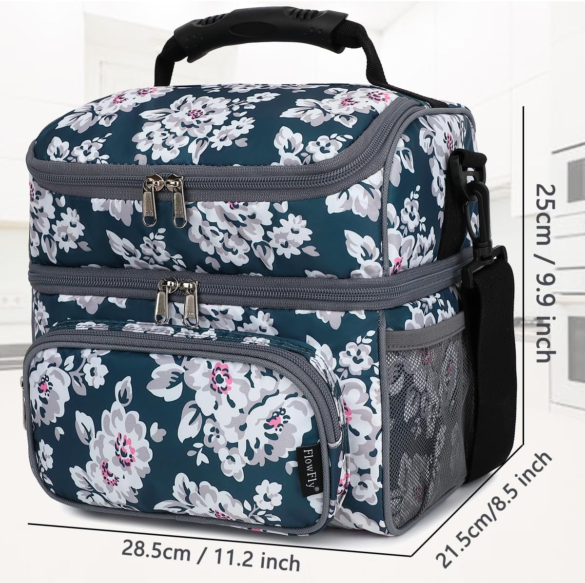 FlowFly Double Layer Cooler Insulated Lunch Bag Adult Lunch Box Large Tote Bag for Men, Women, With Adjustable Strap,Front Pocket and Dual Large Mesh Side Pockets