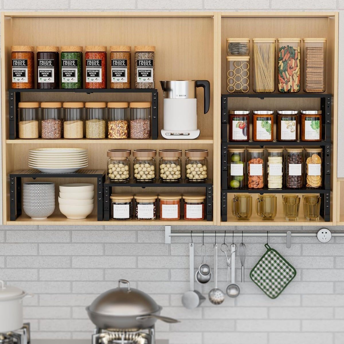Expandable Spice Rack Kitchen Cabinet Shelf Organizer, Stackable Storage Shelves Racks, Adjustable Counter Shelving for Cabinets, Countertop, Cupboard,Pantry and More(2Packs/Black/Medium)