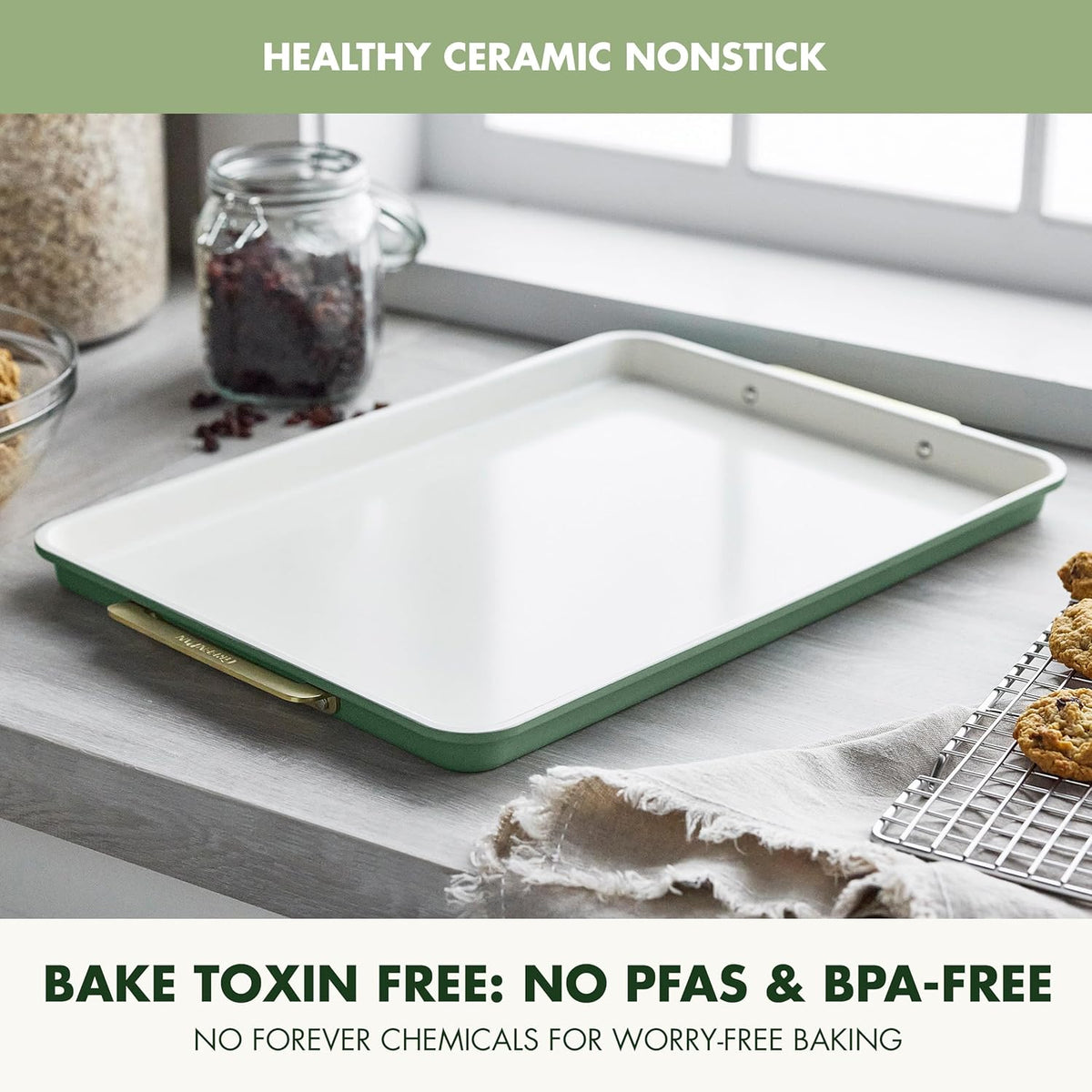 GreenPan Bakeware 13"x18" Half Baking Sheet Pan, Ceramic Nonstick Baking Pan, PFAS & BPA Free, Gold Handles, Durable Steel, Versatile & Space Saving Ovenware, Freezer to Oven Dish, Sage Green
