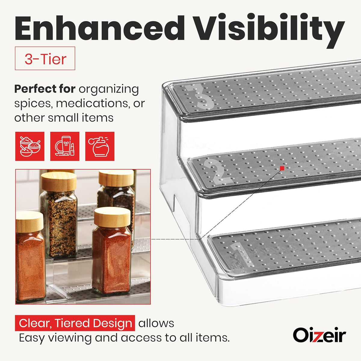 Expandable Spice Organizer Rack - 3-Tier - Clear Adjustable Tiered Shelf Spices Organization for Kitchen Cabinet and Pantry Storage