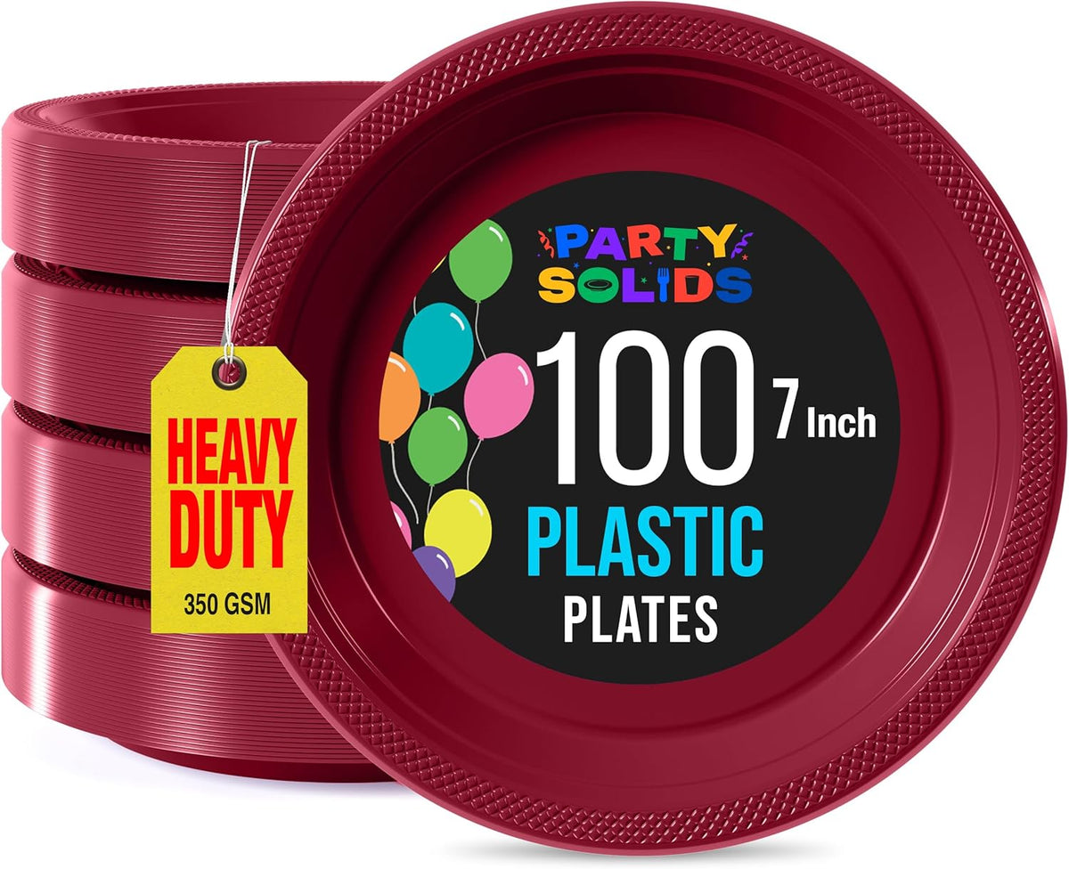 Exquisite Party Solids Burgundy Plastic Plates For Party 7" Burgundy Disposable Plates Heavy Duty Supplies 100 Pcs Plastic Dinnerware Sets Heavy Duty 350 GSM Disposable Dinnerware Set