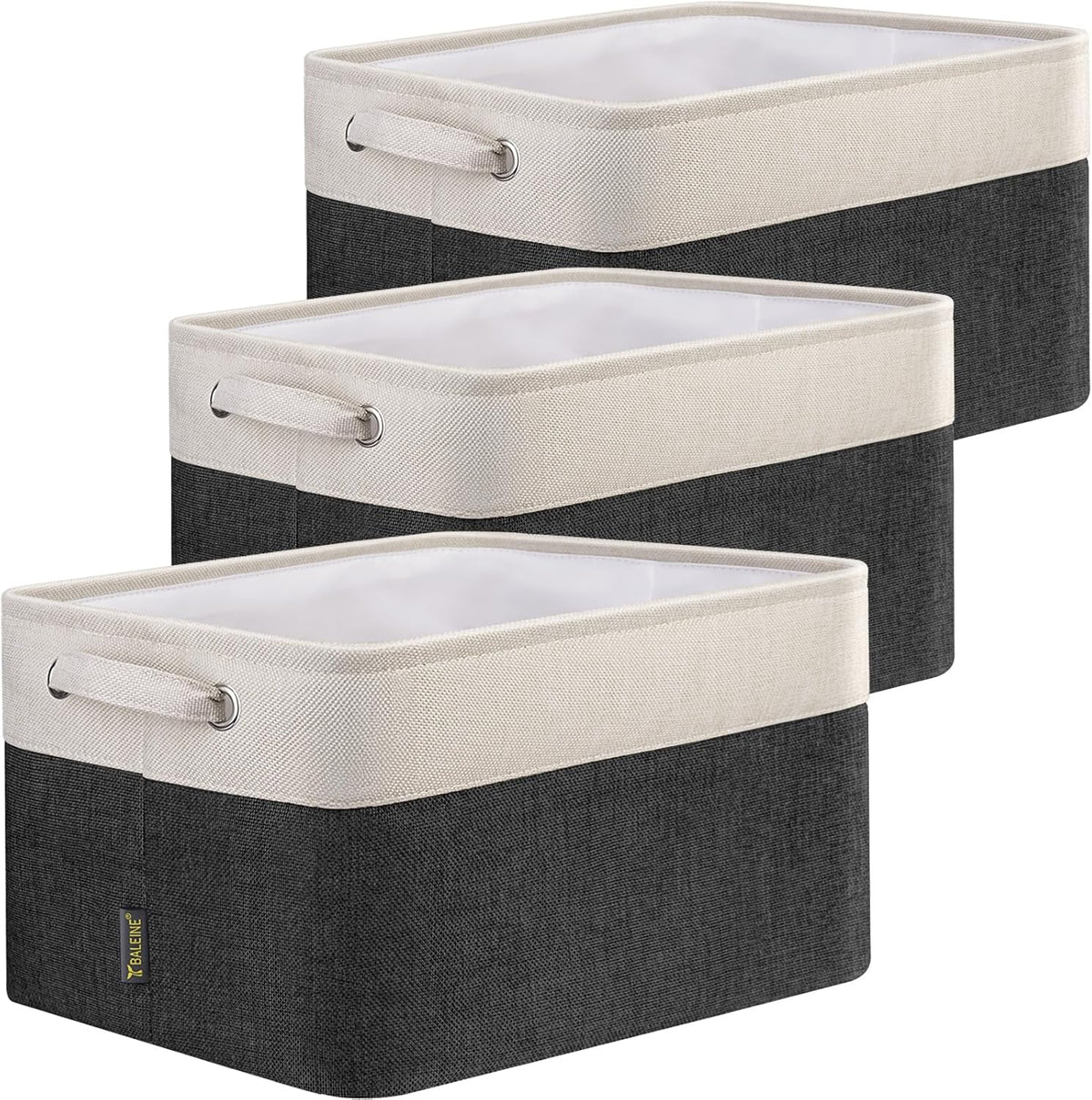BALEINE 3 Pack Fabric Storage Bins for Shelves, Linen Storage Baskets for Organizing, Decorative Closet Bins for Clothes, Home (Black, 15"x11"x9.5")