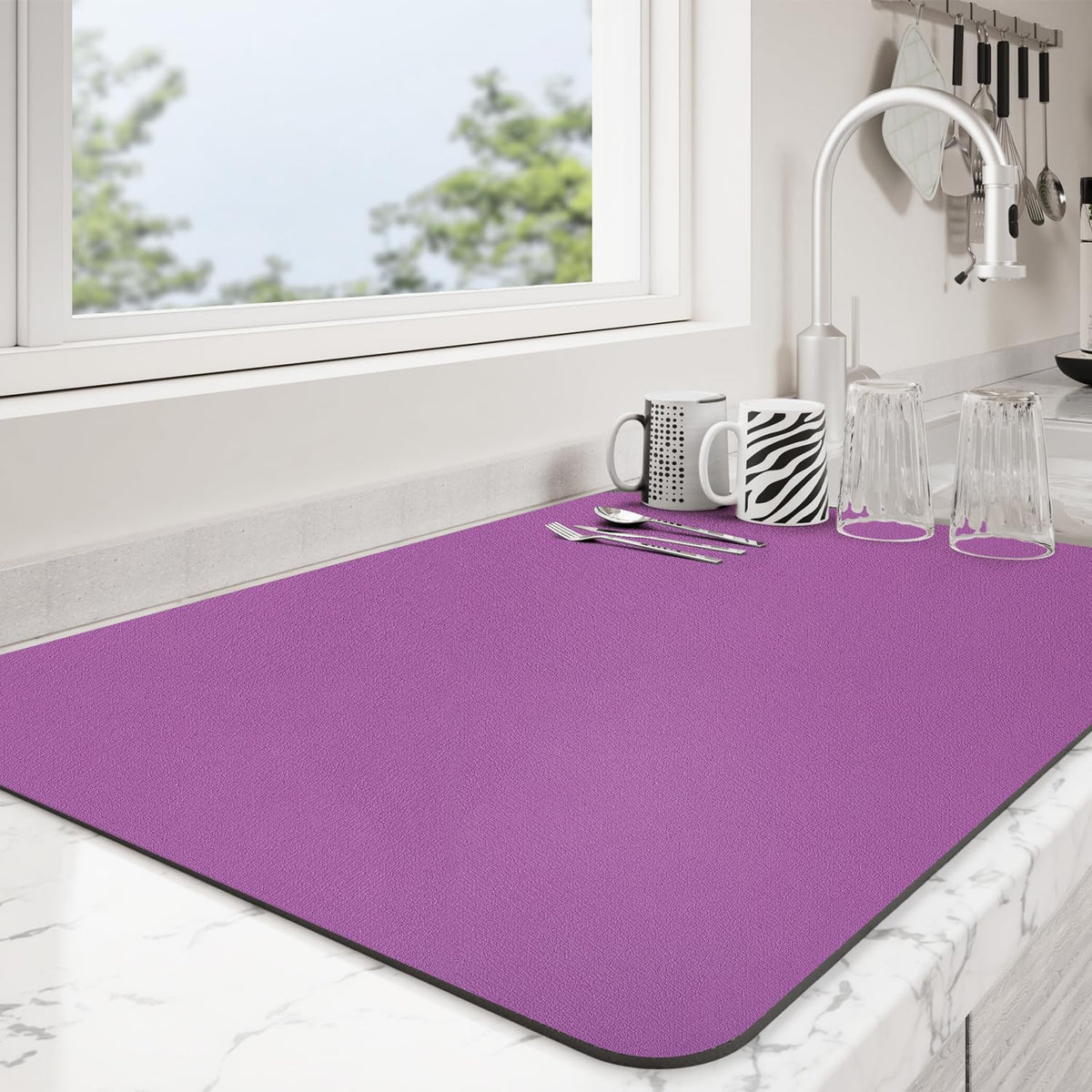Dish Drying Mat for Kitchen Counter | Coffee Bar Mat for Countertops | Heat Resistant Drainer Mat with Non-slip Rubber Backed | Hide Stain Kitchen Absorbent Draining Mat | Purple 18"x32"
