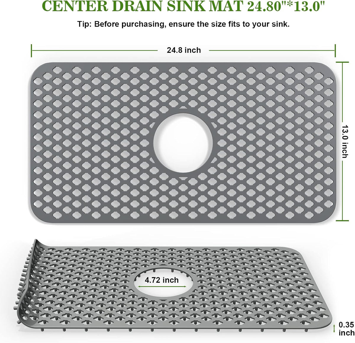 TOOVEM Silicone Kitchen Sink Mat with Non-slip, Stable, Farmhouse Sink Protector for Kitchen Stainless Steel Drainboard- Grey