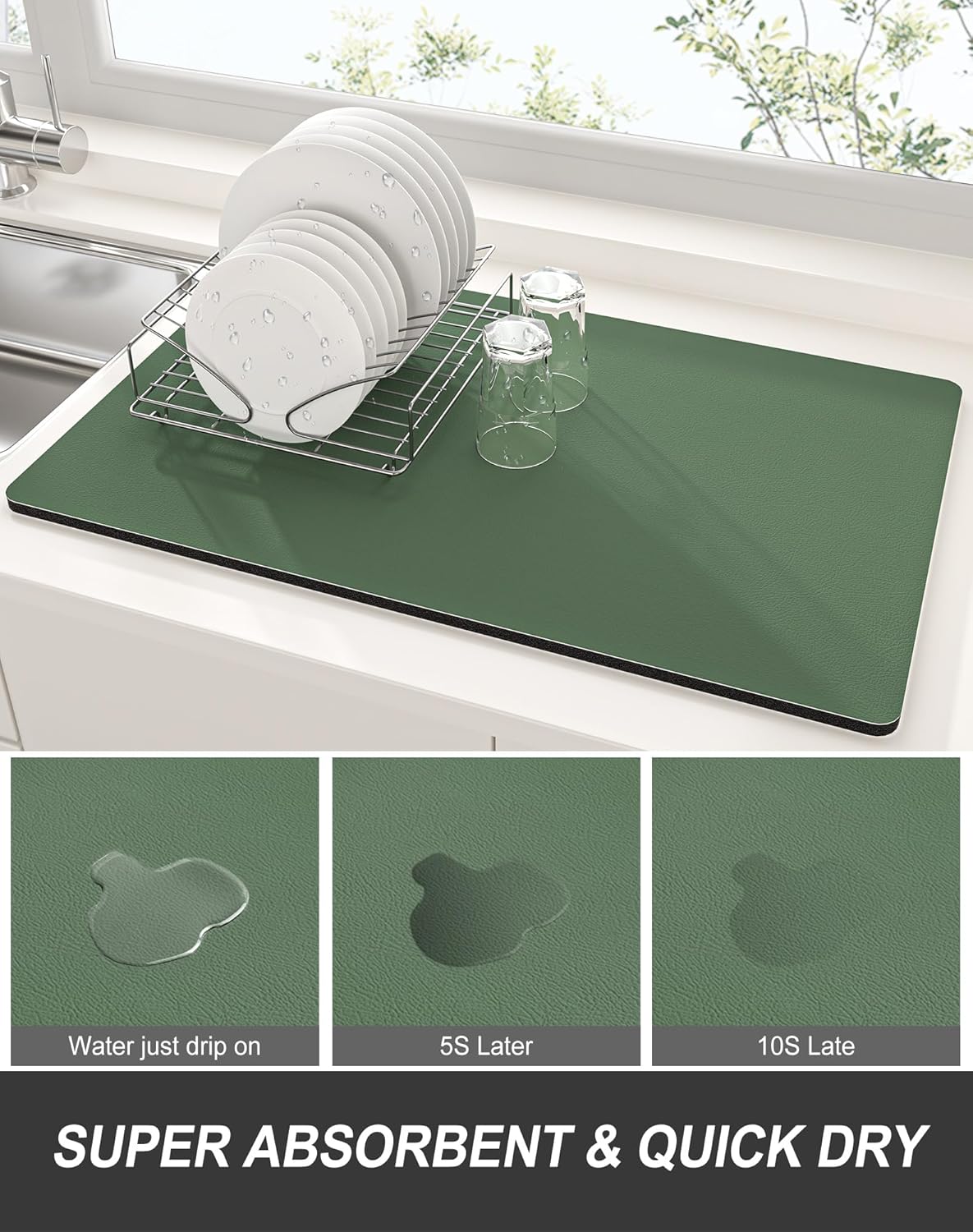 Rnivvi Dish Drying Mat for Kitchen Counter, 12 x 19" Super Absorbent Drainer Pad Easy Clean Dish Rack Pad, Non-Slip Heat Resistant Coffee Bar Mats for Coffee Machine Station Accessories, Forest Green