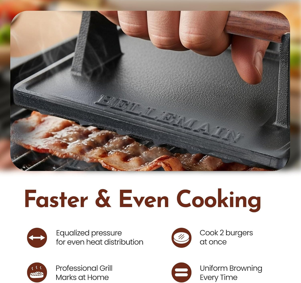 Bellemain Bacon Press Rectangle | Heavy-Duty Cast Iron Grill Press for Perfectly Seared Bacon, Steak & Sandwiches | Equalized Weight Distribution