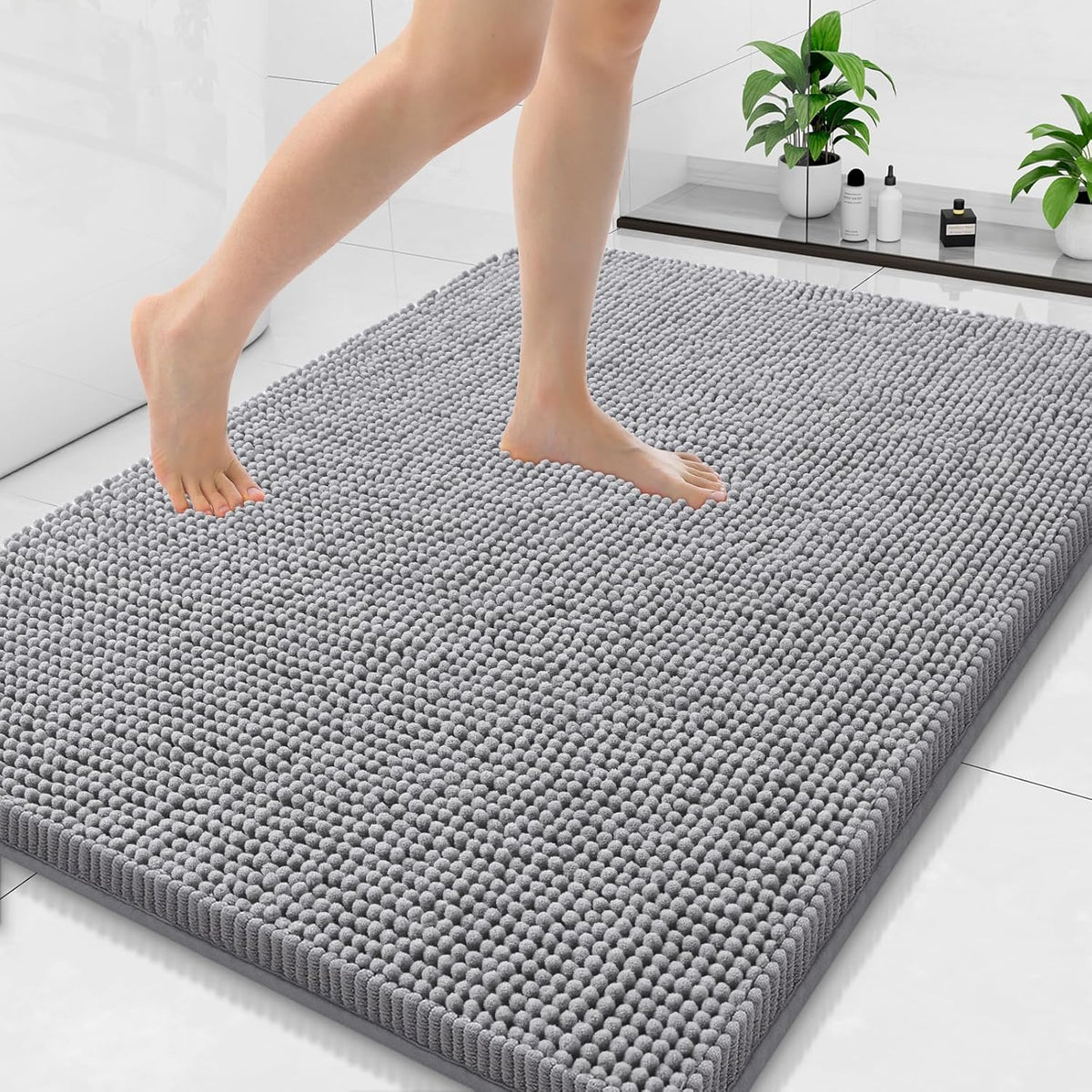 Arotive Bathroom Rugs 40x32, Extra Soft Absorbent Shaggy Chenille Bath Rugs, Machine Washable Rubber Backing Non-Slip Bath Mats for Bathroom Floor Tub and Shower, Home Decor Accessories, Grey