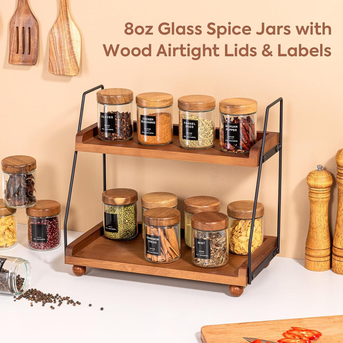 Yangbaga 12Pcs Glass Spice Jars with Labels-8oz Acacia Wood Lid Square Spice Containers,Seasoning Jars for Rack Cabinet Drawer,KitchenPantry Daily Use